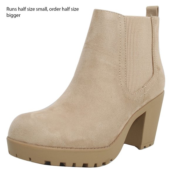 Light Wheat Faux Suede Chelsea Round Toe Lug Ankle Bootie - Picture 3 of 6